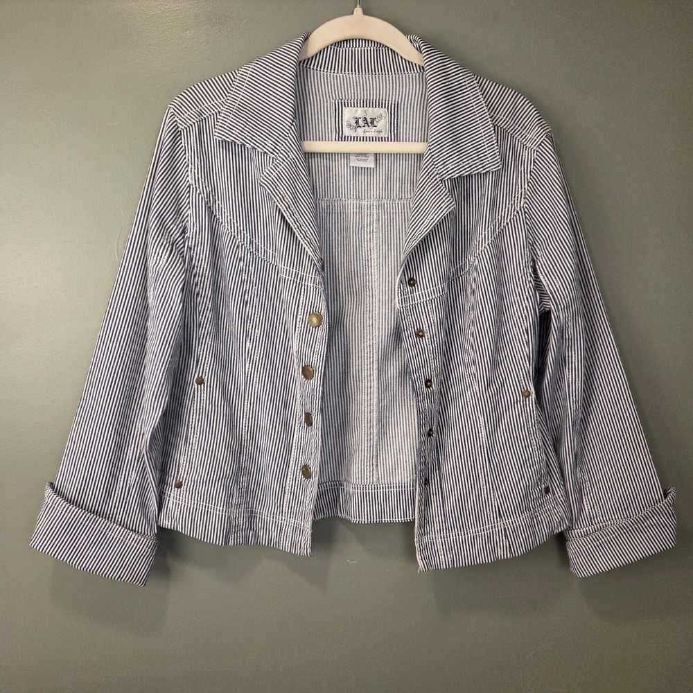 Live a Little Women's Striped Lightweight Denim Jacket Cuffed Sleeves Size L